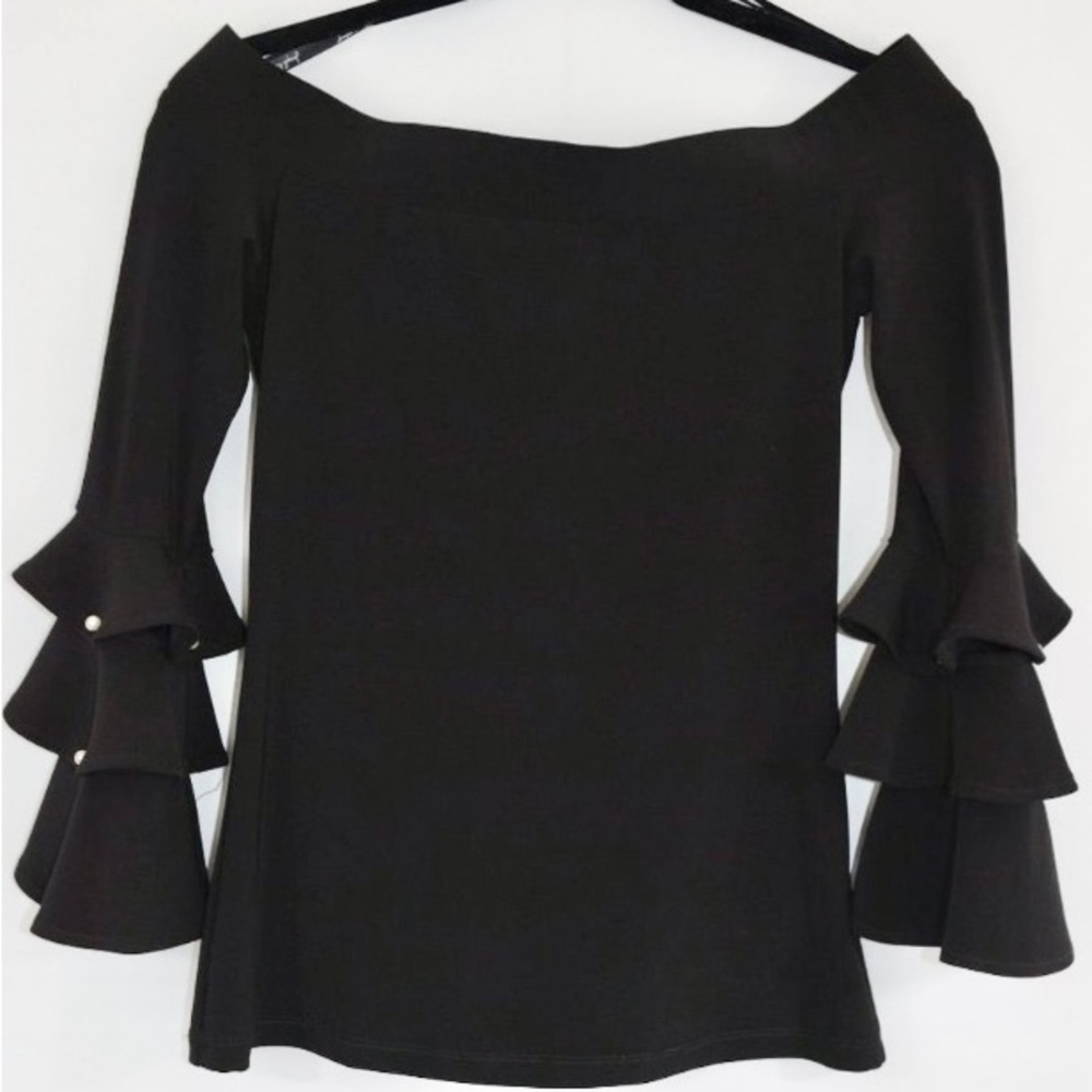 Joseph Ribkoff Black Off the Shoulder Blouse Top Shirt Size 2 Bell Sleev…